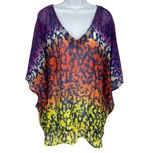 Lane Bryant Sheer Animal Print W/ Beaded V-Neck Elastic Hem Kaftan Top Sz 22/24